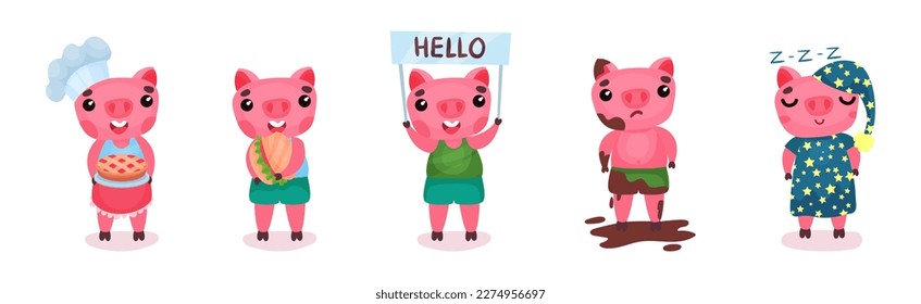 Funny Pink Pig with Cute Snout Engaged in Different Activity Vector Set