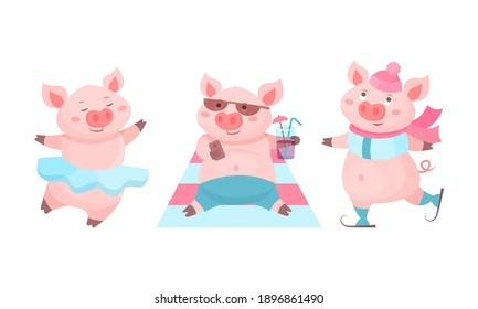Funny Pink Pig Dancing Ballet and Drinking Cocktail on Seashore Vector Set