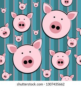 Funny pink pig faces with vertical striped background