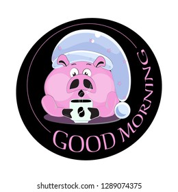 Funny pink pig - good morning. Cartoon characters for kids coloring book, colouring pages, t-shirt print, icon, logo, label, patch, sticker