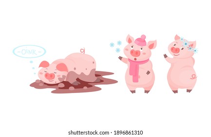 Funny Pink Pig Lying in Mud Puddle and Walking in Winter Vector Set