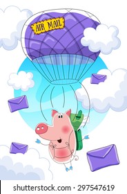 Funny pink pig with purple air balloon, aerostat in the sky. Vector illustration. Postcard