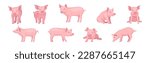 Funny Pink Pig with Snout in Different Pose Vector Set