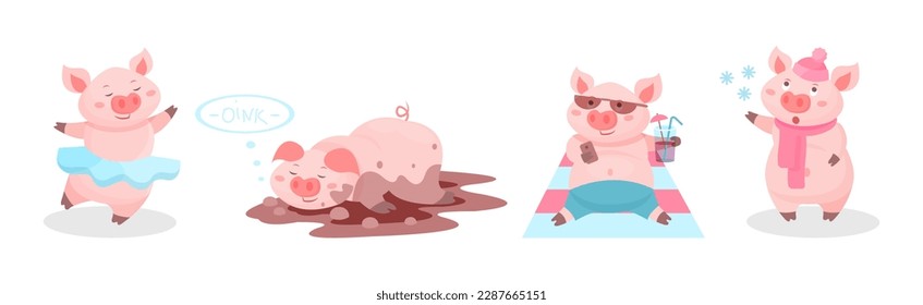 Funny Pink Pig with Snout in Different Activities Vector Set