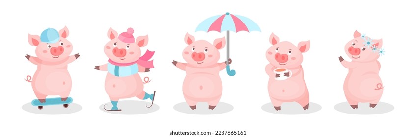 Funny Pink Pig with Snout in Different Activities Vector Set