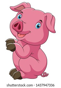 Funny pink pig and standing with white background