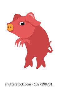 A funny pink pig stealthily walking. Vector illustration