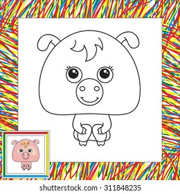 Funny pink pig. Vector illustration for kids. Coloring book for kids