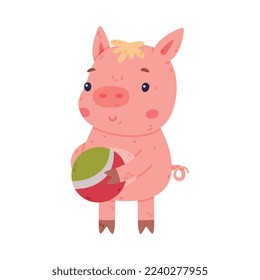 Funny Pink Piggy Character with Hoof Standing with Ball Vector Illustration