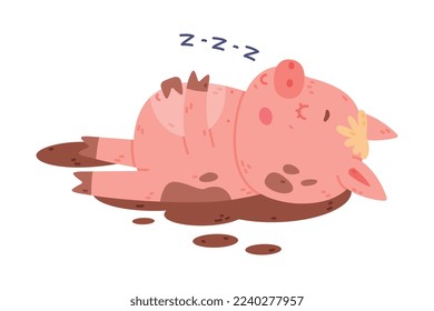 Funny Pink Piggy Character with Hoof Lying in Mud and Sleeping Vector Illustration