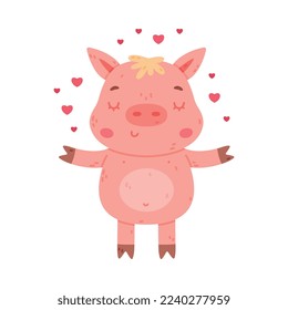 Funny Pink Piggy Character with Hoof Standing with Love Heart Vector Illustration