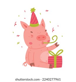 Funny Pink Piggy Character with Hoof in Birthday Hat with Gift Box Blowing Whistle Vector Illustration