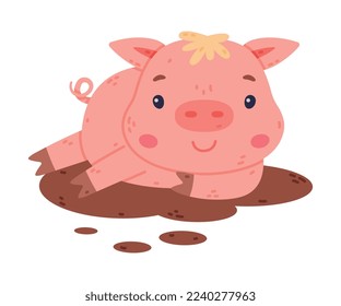 Funny Pink Piggy Character with Hoof Lying in Mud Vector Illustration