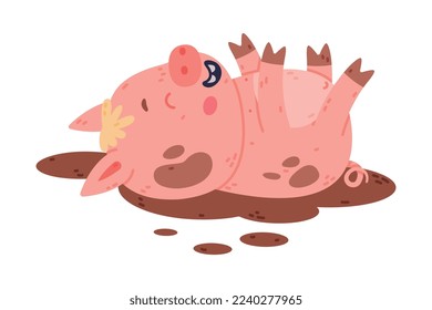 Funny Pink Piggy Character with Hoof Rolling on Its Back in Mud Vector Illustration