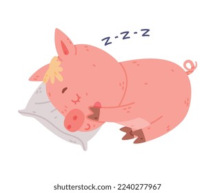 Funny Pink Piggy Character with Hoof Sleeping on Pillow Vector Illustration