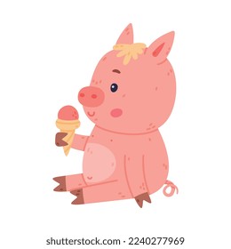 Funny Pink Piggy Character with Hoof Sitting and Eating Ice Cream in Waffle Cone Vector Illustration