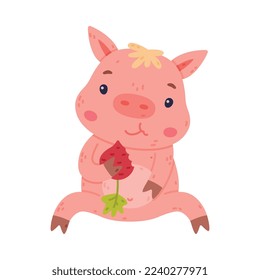 Funny Pink Piggy Character with Hoof Sitting and Eating Vector Illustration