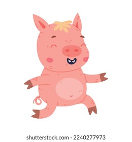 Funny Pink Piggy Character with Hoof Running and Smiling Vector Illustration