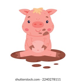 Funny Pink Piggy Character with Hoof Sitting in Mud Vector Illustration