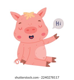 Funny Pink Piggy Character with Hoof Greeting Saying Hi Waving Hand Vector Illustration