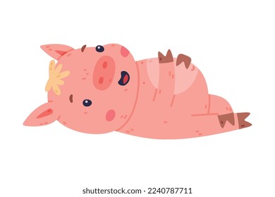 Funny Pink Piggy Character with Hoof Lying with Full Belly Vector Illustration