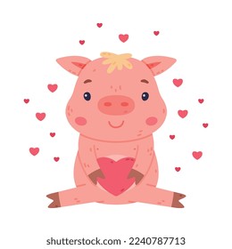 Funny Pink Piggy Character with Hoof Sitting with Love Heart Vector Illustration