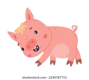 Funny Pink Piggy Character with Hoof Walking and Smiling Vector Illustration