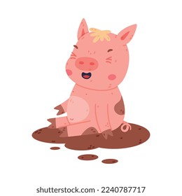 Funny Pink Piggy Character with Hoof Sitting in Brown Mud Puddle and Snorting Vector Illustration