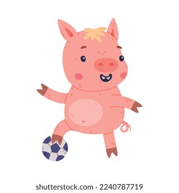 Funny Pink Piggy Character with Hoof Playing Football Vector Illustration