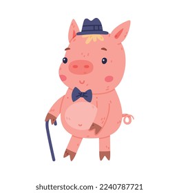 Funny Pink Piggy Character with Hoof Wearing Hat and Bow Tie Walking with Cane Vector Illustration