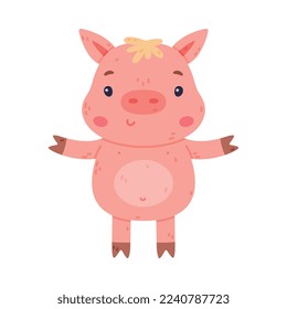 Funny Pink Piggy Character with Hoof Standing and Smiling Vector Illustration