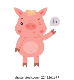 Funny Pink Piggy Character with Hoof Greeting Saying Hi Waving Hand and Winking Vector Illustration