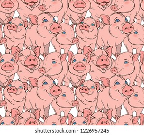 Funny pink pigs, 2019 symbol on the Chinese calendar, seamless vector pattern