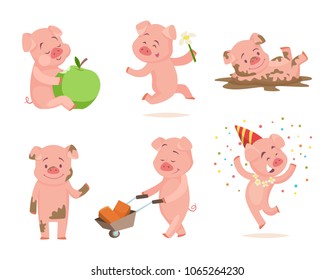 Funny pink pigs playing games. Cartoon pig fun and smile, piglet drawing characters. Vector illustration