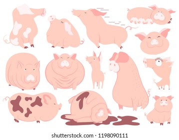 Funny pink pigs set. Chinese New Year 2019 symbol in funny characters and poses isolated on white background. Cartoon flat style vector illustration