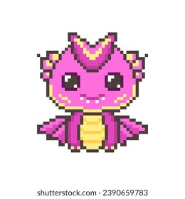 Funny pink pixel magical dragons. Kawaii colorful cute dinosaur with fantasy 8bit graphics and horns with legendary smiling little vector monsters