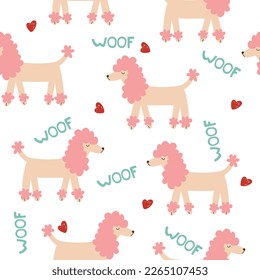 Funny pink poodle seamless pattern. Cute childish print. Vector hand drawn illustration.