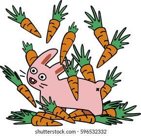 Funny pink rabbit with carrots