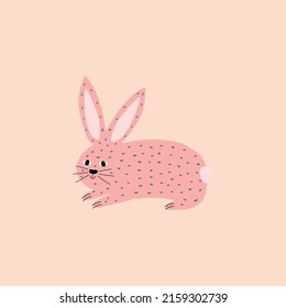 Funny pink rabbit hand drawn vector illustration. Cute isolated bunny for logo or icon. Adorable animal character for kids in flat style.
