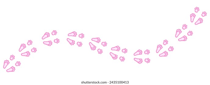 Funny pink rabbit or hare paw footprints forming a diagonal trail. Easter Bunny tracks. Cartoon cat paw prints in pink. Vector isolated on white. For pet shop, print, textile, game, postcard, zoo