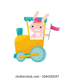 Funny pink rabbit in peaked cap holding flag in paw. Cartoon animal character traveling by train. Colorful flat vector design for postcard, mobile game or toy store