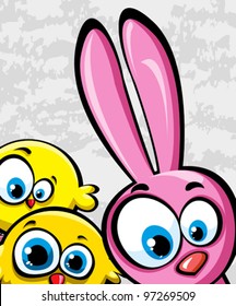 Funny pink rabbit and yellow chickens