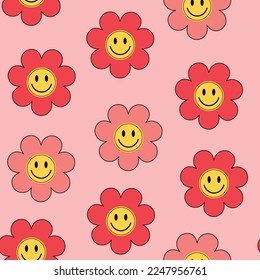 Funny pink retro floral pattern y2k vintage style with smiling emojis. Valentines day and girly pattern.