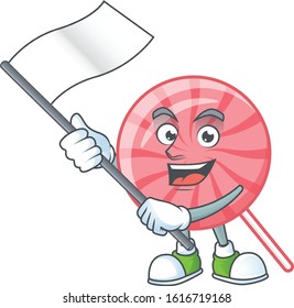 Funny pink round lollipop cartoon character style holding a standing flag