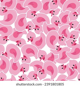 Funny pink rubber ducks. Cute seamless pattern, texture for fabric, wrapping, wallpaper. 