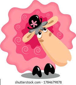 Funny rosa Schafe auf Hut, Vektorgrafik auf weißem Hintergrund, Konzept für Wollerzeugnisse