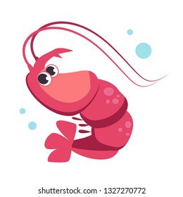 Funny pink shrimp flat icon. Seafood, mollusk, lobster. Sea cartoon characters concept. Vector illustration can be used for topics like animals, marine life, nature