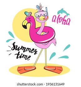 Funny pink summer flamingo with swimming mask and inscription Summer time. Vector cartoon illustration for t-shirt for kids