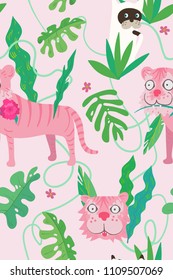 funny pink tiger, siamese cat and tropical leaf elements, vector seamless pattern