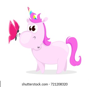 Funny pink unicorn with butterfly. Cute magic fantasy animal with rainbow horn isolated on white background. Vector illustration